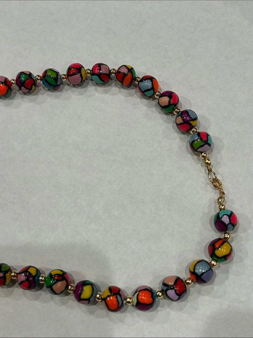 Vintage stained glass Beaded glow party 80s Necklace Gold Accent Beads long 30”